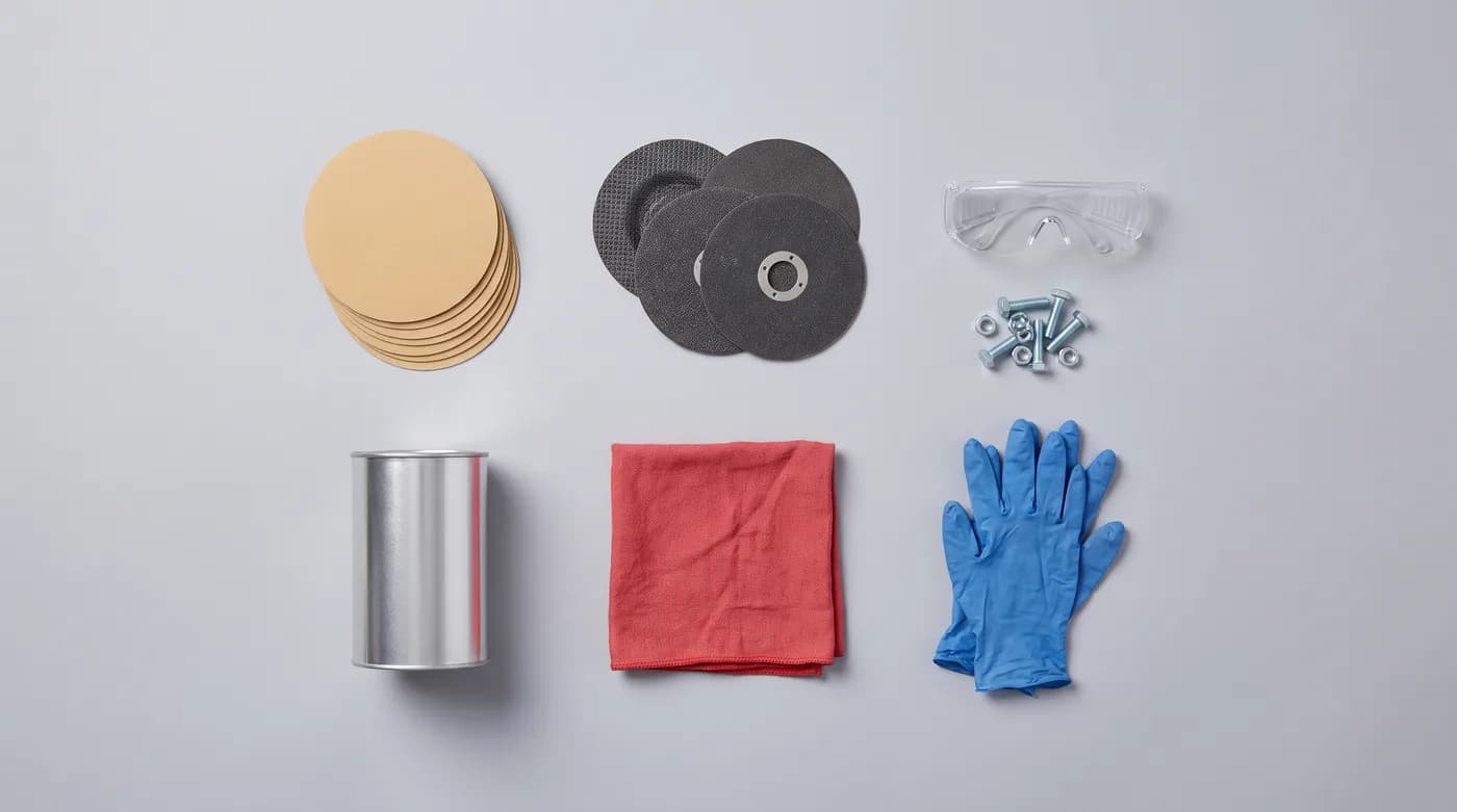 A selection of stocked consumables: abrasive discs, cutting wheels, safety glasses, fasteners, air hose and shop cloths